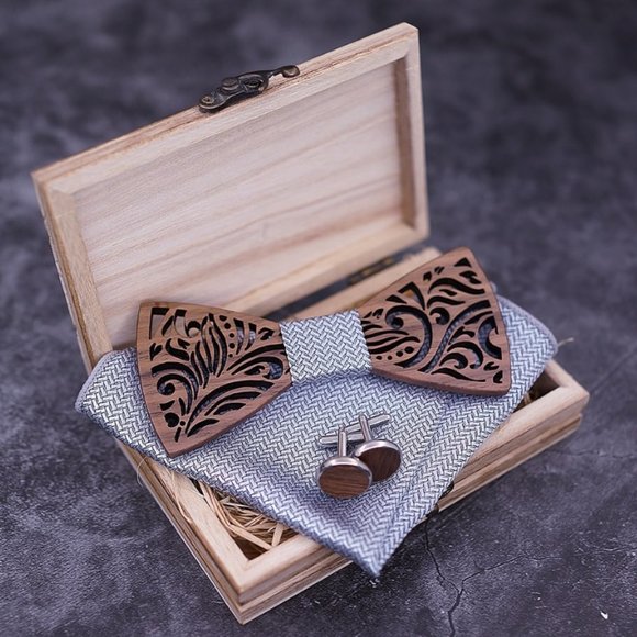 Mens set cufflinks handkerchief bow tie wood - Picture 2 of 3